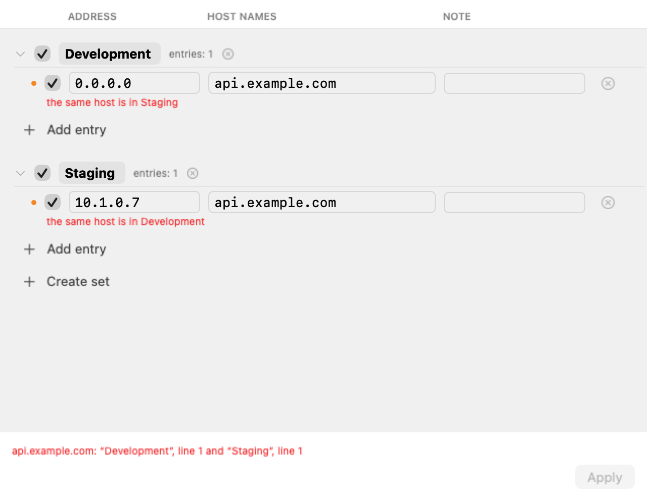 The editor refusing to apply: one host name claimed by two enabled sets, with the reason on each row and a summary at the foot of the window.