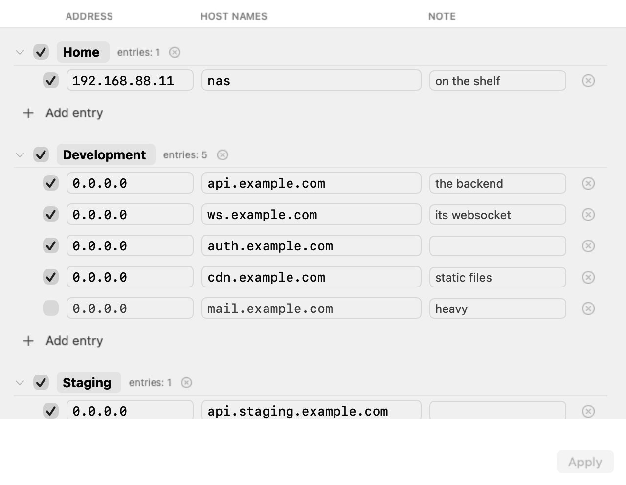 The editor window: four sets as sections of one list, each entry a row of address, host names and a note.