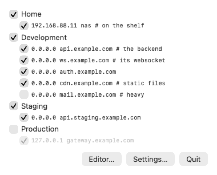 The HostSwitcher menu bar panel: four sets — Home, Development, Staging, Production — each with a checkbox, and their entries beneath them.